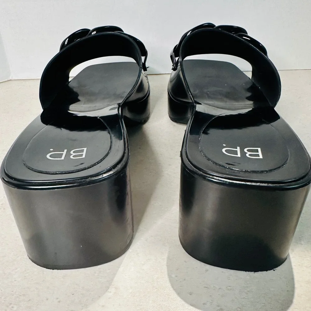 BP Black Jelly Platform Slide Sandals Chain Link Block Heel Square Toe 9M - Picture 5 of 6